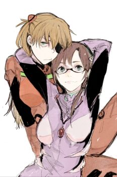 2girls :/ :3 aaanoa aqua_eyes arms_around_neck bodysuit breasts brown_hair closed_mouth eyepatch glasses green_eyes hair_between_eyes hair_ornament hairband hairclip heads_together highres interface_headset_(evangelion) invisible_chair large_breasts light_smile looking_at_viewer makinami_mari_illustrious multiple_girls neon_genesis_evangelion pink_bodysuit rebuild_of_evangelion red-framed_eyewear red_bodysuit simple_background sitting souryuu_asuka_langley twintails unamused