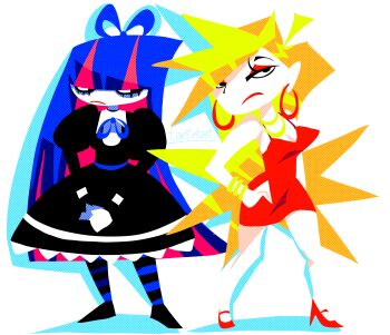 2girls abstract ahoge bags_under_eyes blonde_hair blue_hair blue_ribbon bow bracelet breasts cleavage colored_skin dress eyeshadow gothic_lolita hair_bow high_heels highres holding_own_hand jewelry lace_trim lolita_fashion looking_at_another looking_at_viewer makeup multicolored_hair multiple_girls necklace panty_&amp;_stocking_with_garterbelt panty_(psg) pink_streaks puffy_sleeves red_dress red_eyeshadow red_shoes ribbon shoes siblings sisters stocking_(psg) streaked_hair striped_clothes striped_thighhighs tartintart thighhighs white_background white_skin