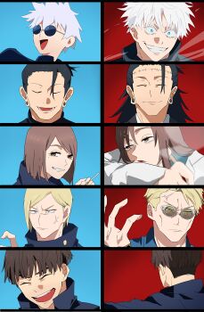 1girl 4boys :d absurdres age_comparison anger_vein angry black_hair blonde_hair blue_background blue_eyes brown_hair cigarette closed_eyes closed_mouth colored_eyelashes column_lineup derinjaaaaaa earrings from_behind frown getou_suguru getou_suguru_(kenjaku) goggles gojou_satoru grid_lineup grin hair_bun hand_up head_on_arm head_rest highres holding holding_cigarette ieiri_shoko ino_takuma jewelry jujutsu_kaisen long_hair looking_ahead looking_at_viewer loose_hair_strand medium_hair mole mole_under_eye multiple_boys nanami_kento open_mouth red_background red_lips round_eyewear short_hair simple_background smile spiked_hair stud_earrings sunglasses teeth tongue undercut upper_teeth_only white_eyelashes white_hair