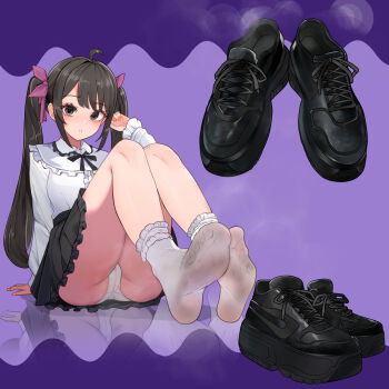 1girl ahoge arm_at_side arm_support ass bib_collar black_bow black_bowtie black_hair black_shoes black_skirt bow bowtie collared_shirt commentary_request commission dirty dirty_clothes fingernails foot_focus frilled_shirt_collar frills full_body grey_eyes hair_bow hand_up highres knees_up large_variant_set long_hair looking_at_viewer lumina414 miniskirt nail_polish no_shoes orange_nails original panties parted_lips pixiv_commission purple_background purple_bow reflection shirt shirt_tucked_in shoes sitting skirt smell sneakers socks solo twintails underwear unworn_shoes variant_set white_mouth white_panties white_shirt white_socks wing_collar