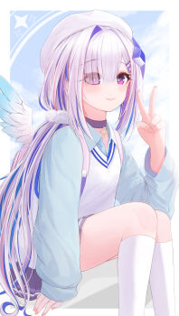 1girl absurdres alternate_costume amane_kanata angel angel_wings beret black_skirt blue_hair blue_jacket blush commentary_request hair_ornament hat highres hololive jacket long_hair looking_at_viewer multicolored_hair pink_hair purple_eyes ruo1001 shirt skirt smile socks solo star_(symbol) star_hair_ornament streaked_hair twintails two-tone_hair v very_long_hair virtual_youtuber white_hat white_shirt white_socks wings