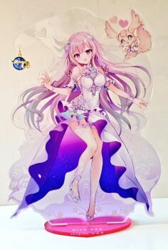 Rule 34 | 1girl, :d, bare shoulders, blush, breasts, commentary request, creature, cyrene (demiurge) (honkai: star rail), cyrene (honkai: star rail), dress, dual persona, flower, full body, green eyes, grey shoes, hair between eyes, hair flower, hair ornament, high heels, honkai: star rail, honkai (series), long hair, looking at viewer, medium breasts, mem (honkai: star rail), open mouth, petals, photo (medium), pink hair, purple eyes, purple flower, purple rose, rose, shirogane hina, shoes, smile, star-shaped pupils, star (symbol), symbol-shaped pupils, very long hair, white dress