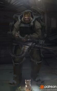 Rule 34 | 1boy, ammunition belt, brown hair, browning m2, cat, commentary, english commentary, exoskeleton, gun, hammk, heavy machine gun, holding, holding gun, holding weapon, machine gun, military, original, short hair, spotlight, tabby cat, weapon
