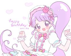 Rule 34 | 1girl, :d, blunt bangs, blush, bow, center frills, commentary request, dated, dress, frilled dress, frills, hands up, happy birthday, idol clothes, lolita fashion, long hair, looking at viewer, manaka non, open mouth, pink bow, poro (pweedro), pretty series, pripara, puffy short sleeves, puffy sleeves, purple eyes, purple hair, short sleeves, side ponytail, simple background, sleeves past wrists, smile, solo, sweet lolita, very long hair, white background, white dress, wrist cuffs