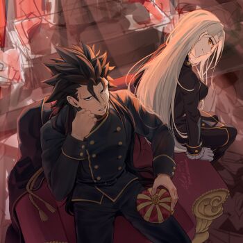 Rule 34 | armchair, artist name, black cape, black hair, black pants, black shirt, blonde hair, blue eyes, buttons, cape, chair, collared jacket, couple, crown, frilled sleeves, frills, gloves, highres, jacket, juiz (undead unluck), long sleeves, lying, mn meinona, no eyebrows, on side, pants, scar, scar on arm, scar on face, shirt, signature, sitting, spiked hair, undead unluck, victor (undead unluck), white gloves, yellow eyes