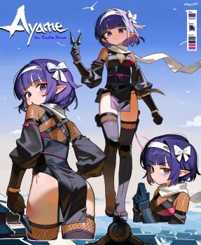 1girl absurdres ass black_sandals black_shirt black_thighhighs blue_eyes blunt_bangs blush bow closed_mouth commentary cropped_legs cropped_torso english_commentary fishnet_thighhighs fishnets full_body hair_bow hairband hepari highres long_sleeves looking_at_viewer multiple_views okobo open_mouth original pelvic_curtain platform_sandals pointy_ears purple_hair sandals shirt short_hair smile standing tabi thighhighs white_bow white_hairband