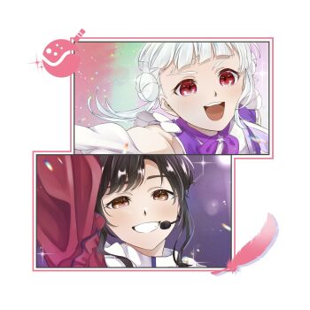 Rule 34 | 2girls, animification, arashi chisato, arm up, black hair, blunt bangs, brown eyes, commentary request, dazzling game, feathers, hair bun, headset, highres, looking at viewer, love live!, love live! superstar!!, misaki nako, multiple girls, open mouth, pink feathers, real life, red eyes, smile, star (symbol), teeth, upper teeth only, voice actor, voice actor connection, white hair, wotaku jinsei enjoy ikioi, yuuki no kakera