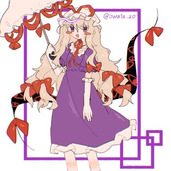 Rule 34 | 1girl, :d, blonde hair, blush, choker, commentary, dress, elbow gloves, frills, gap (touhou), gloves, hair between eyes, hair ribbon, hat, highres, holding, holding umbrella, long hair, looking at viewer, mob cap, open mouth, owatakun, purple dress, purple eyes, ribbon, ribbon choker, short sleeves, smile, solo, standing, touhou, twitter username, umbrella, untranslatable commentary, white gloves, yakumo yukari