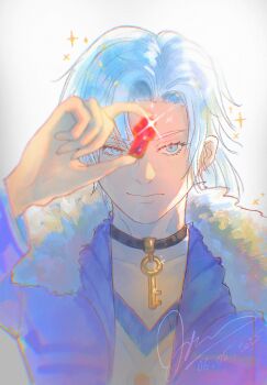 1boy alvis_(xenoblade) blue_coat blue_eyes blurry blurry_foreground closed_mouth coat core_crystal_(xenoblade) dated fur-trimmed_coat fur_trim gem glint highres holding holding_gem jewelry key key_necklace long_hair male_focus melia_art necklace open_clothes open_coat signature solo sparkle upper_body white_background white_hair xenoblade_chronicles_(series) xenoblade_chronicles_1