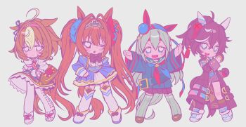 4girls ;o ahoge animal_ears arm_at_side arms_up betti_(xx_betti) black_bow black_skirt blonde_hair blue_hairband blue_neckerchief bow bowtie bright_pupils brown_bag brown_hair brown_shoes crossed_bangs daiwa_scarlet_(peak_blue)_(umamusume) daiwa_scarlet_(umamusume) fang full_body garter_straps green_thighhighs grey_hair grey_shorts hair_between_eyes hair_intakes hairband hand_on_own_hip heart heart-shaped_pupils highres horse_ears horse_girl horse_tail katsuragi_ace_(dragon_rising_to_the_top)_(umamusume) katsuragi_ace_(umamusume) long_hair long_sleeves meisho_doto_(turbulent_blue)_(umamusume) meisho_doto_(umamusume) multicolored_hair multicolored_neckerchief multiple_girls neckerchief one_eye_closed open_mouth pink_hairband pink_theme pleated_skirt red_neckerchief sailor_collar shoes short_hair shorts simple_background skirt smile sneakers standing streaked_hair symbol-shaped_pupils tail tamamo_cross_(umamusume) thighhighs tiara twintails umamusume v-shaped_eyebrows white_background white_hair white_pupils white_shoes white_thighhighs wide_sleeves