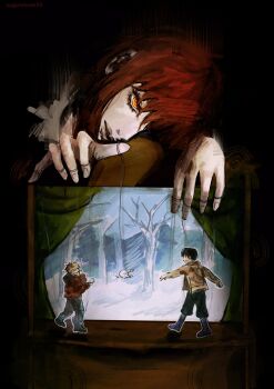 1girl 2boys aged_down black_hair black_pants blonde_hair blue_pants brown_jacket chainsaw_man denji_(chainsaw_man) hayakawa_aki highres jacket makima_(chainsaw_man) multiple_boys pants puppet_show puppet_strings red_hair red_jacket ringed_eyes snowball snowball_fight sugurulover23 yellow_eyes