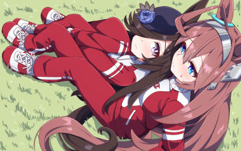 Rule 34 | 2girls, ahoge, animal ears, blue eyes, blue flower, blue rose, blush, breasts, brown hair, closed mouth, commentary request, flipped hair, flower, grey hairband, gym uniform, hair between eyes, hair over one eye, hairband, hat, hat flower, hiro (pqtks113), horse ears, horse girl, horse tail, jacket, large breasts, long hair, looking up, mihono bourbon (umamusume), multiple girls, pants, purple eyes, red jacket, red pants, red track suit, rice shower (umamusume), rose, shoes, silver hairband, sitting, sitting between legs, smile, sweatdrop, tail, tilted headwear, tracen training uniform, track jacket, track pants, track suit, umamusume, yuri