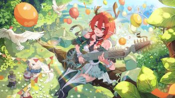 1girl absurdres balloon bare_shoulders boots ciaccona_(wuthering_waves) commentary_request dress frilled_wrist_cuffs frills green_eyes hair_between_eyes highres holding holding_instrument instrument looking_at_viewer official_art on_branch outdoors pointy_ears sakatsuki_yakumo short_hair sitting solo tacet_discord_(wuthering_waves) tacet_mark_(wuthering_waves) thigh_boots thighs white_dress white_wrist_cuffs wrist_cuffs wuthering_waves