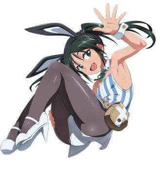 1girl alternate_costume animal_ears black_hair black_pantyhose commentary_request dark-skinned_female dark_skin fake_animal_ears fang francesca_lucchini green_eyes high_heels highres leotard long_hair long_sleeves looking_at_viewer nanashino open_mouth pantyhose playboy_bunny rabbit_ears simple_background solo strike_witches twintails white_background white_leotard world_witches_series wrist_cuffs