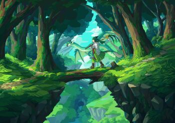 1girl absurdres blue_eyes boots bridge brown_boots canyon cliff closed_mouth day doggo_1d34 dragon dragon_girl dragon_horns dragon_tail drawstring eastern_dragon fins floating_hair foliage forest from_side gohei grass green_hair green_skirt green_theme head_fins highres holding hood hood_down hoodie horns landscape long_hair long_sleeves looking_away moss nature nontraditional_miko open-toe_boots original outdoors path plant ponytail profile road scenery sidelocks signature skirt sleeves_past_wrists solo standing tabi tail tree walking white_hoodie wide_shot