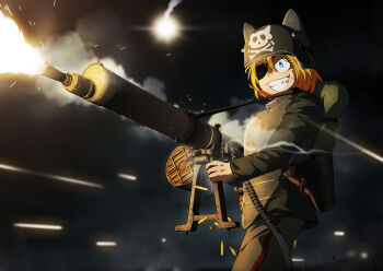 1girl animal_ears armor blonde_hair blue_eyes canister combat_helmet eyepatch finger_on_trigger flare gun gunfire helmet highres holster machine_gun maxim_gun mg08 mg08/15 military military_uniform mrxinom original pants shell_casing shooting_star skull_and_crossbones stahlhelm weapon world_war_i