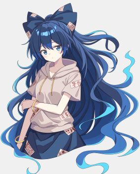 1girl absurdres bangle blue_bow blue_eyes blue_hair blue_skirt bow bracelet breasts chinese_commentary closed_mouth collarbone commentary_request grey_hoodie hair_between_eyes hair_bow highres hood hoodie jewelry long_hair looking_at_viewer setteiset short_sleeves skirt small_breasts solo touhou very_long_hair yorigami_shion