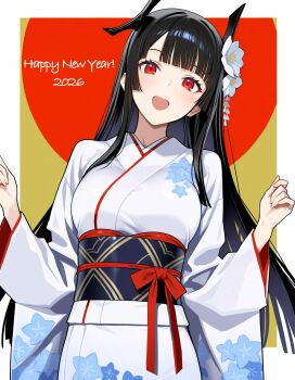 1girl 2026 black_hair flower hair_flower hair_ornament happy_new_year highres japanese_clothes long_hair new_year nue_(nue_no_onmyouji) nue_no_onmyouji open_mouth red_eyes solo