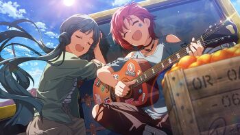 2girls :d acoustic_guitar blue_hair closed_eyes commentary_request day facial_mark floating_hair food fruit game_cg guitar holding holding_guitar holding_instrument idolmaster idolmaster_million_live! idolmaster_million_live!_theater_days instrument jacket julia_(idolmaster) kitakami_reika long_hair motor_vehicle multiple_girls music official_art open_clothes open_jacket open_mouth orange_(fruit) outdoors pickup_truck playing_guitar playing_instrument red_hair shirt short_hair smile star_(symbol) star_facial_mark sun sunlight third-party_source truck twintails very_long_hair