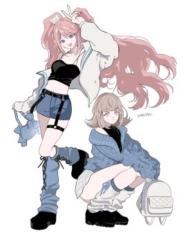 2girls absurdres bag bare_shoulders bear_hair_ornament black_shirt black_shoes blunt_bangs brown_hair commentary_request crop_top danganronpa:_trigger_happy_havoc danganronpa_(series) danganronpa_2:_goodbye_despair enoshima_junko flipped_hair hair_ornament highres holding holding_bag jacket kneehighs long_hair long_sleeves medium_hair miniskirt multiple_girls nanami_chiaki navel official_alternate_costume okonomiyakiyyy1 pink_eyes plaid_clothes plaid_skirt shirt shoes shorts simple_background skirt socks squatting twintails v white_bag white_jacket white_skirt