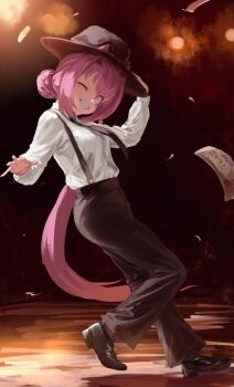 1girl alternate_costume animal_ears black_hat black_necktie black_pants blush breasts collared_shirt commentary_request ears_through_headwear flower-shaped_pupils flower_in_eye grin hair_bun haru_urara_(umamusume) hat highres horse_ears horse_girl horse_tail inishie_kumo long_hair looking_at_viewer necktie one_eye_closed open_mouth pants pink_eyes pink_hair shirt shoes smile solo suspenders symbol-shaped_pupils symbol_in_eye tail teeth umamusume white_shirt