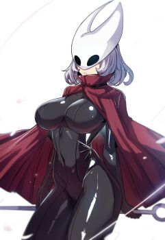 1girl absurdres black_bodysuit bodysuit breasts cloak closed_mouth commentary covered_eyes covered_navel cowboy_shot grey_hair highres hinghoi holding holding_needle hollow_eyes hollow_knight hollow_knight:_silksong horned_mask hornet_(hollow_knight) humanization large_breasts looking_at_viewer mask needle paid_reward_available red_cloak shiny_clothes short_hair standing wire