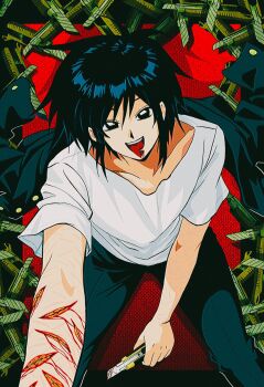 1boy black_eyes black_hair black_jacket bleeding blood boxcutter cuts from_above gakuran guro highres injury jacket looking_at_viewer male_focus randal's_friends school_uniform self-harm self-harm_scar shirt short_hair sitting solo tongue tongue_out tsukada_satoru unworn_jacket uri_ka55 white_shirt