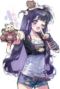 >_o 1girl ;d absurdres alternate_costume arm_warmers belt belt_charm black_shirt blush_stickers cameo cardcaptor_sakura chairoikoguma character_charm character_print charm_(object) chinese_commentary commentary_request cowboy_shot daidouji_tomoyo denim denim_shorts fashion heisei_retro highres holding korilakkuma long_hair one_eye_closed one_side_up open_mouth pointing pointing_at_self print_shirt purple_arm_warmers purple_eyes purple_hair rilakkuma ruffian439 san-x shirt shorts simple_background single_arm_warmer single_blush_sticker smile solo variant_set white_background white_shirt