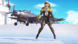1girl 2000s 3d aircraft aircraft_carrier airplane animated armor ass back bare_shoulders bikini bikini_bottom_only black_bodysuit black_hair blonde_hair blue_sky bodysuit bouncing bouncing_breasts breasts changing_clothes cleavage cloud cloudy_sky dancing day female_focus flight_deck full_body gauntlets hairband highres kneeling kof:_maximum_impact large_breasts lien_neville looking_at_viewer lowleg lowleg_bikini medium_hair midriff mikumikudance_(medium) military_vehicle multiple_views navel nipples outdoors polka_dot polka_dot_bikini red_eyes revealing_clothes ship side-tie_bikini_bottom single_gauntlet skin_tight sky snk spacebear7778 swimsuit the_king_of_fighters topless_female unfinished unzipped unzipped_bodysuit video warship watercraft white_bikini yellow_bikini yellow_bodysuit zipper