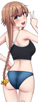 1girl absurdres ass black_camisole blue_eyes blue_panties braid breasts brown_hair camisole commentary_request from_behind hair_ornament highres kantai_collection kiritto long_hair looking_at_viewer looking_back medium_breasts open_mouth panties propeller_hair_ornament simple_background smile solo spaghetti_strap teeth teruzuki_(kancolle) twin_braids underwear underwear_only upper_teeth_only white_background