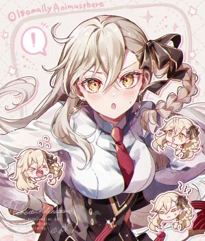 Rule 34 | !, 1girl, black ribbon, black skirt, braid, coco7, commentary request, earrings, fate/grand order, fate (series), gold trim, grey hair, hair ribbon, high-waist skirt, jewelry, long hair, looking at viewer, necktie, olga marie animusphere, orange eyes, red necktie, ribbon, shirt, side braid, skirt, solo, watermark, white shirt