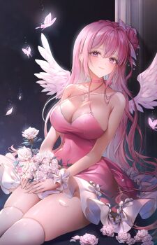 1girl bouquet breasts bug butterfly cleavage closed_mouth dorothy_(nikke) dorothy_(nostalgia)_(nikke) dress feathered_wings flower goddess_of_victory:_nikke hair_bun highres insect long_hair ozzingo pink_dress pink_hair purple_eyes purple_hair rose sidelocks sitting smile solo thighhighs white_flower white_rose white_thighhighs white_wings wings