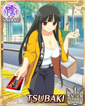 1girl basket black_hair black_shorts border breasts card_(medium) character_name cleavage crosswalk day english_text game_cg hime_cut holding holding_basket incoming_gift large_breasts leaning_forward long_hair looking_at_viewer official_alternate_costume official_art red_eyes road senran_kagura senran_kagura_new_wave shirt shorts smile solo street tsubaki_(senran_kagura) white_shirt yellow_happi