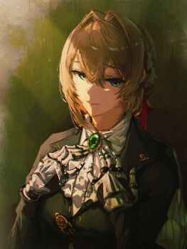 1girl absurdres ascot black_jacket blonde_hair braid brooch commentary dudrinm english_commentary expressionless gem gradient_background green_eyes green_gem hair_intakes highres jacket jewelry lapel_pin looking_at_viewer mechanical_hands shirt sideways_glance solo updo upper_body violet_evergarden violet_evergarden_(series) white_shirt
