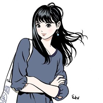 1girl aqua_nails bag black_hair blouse blue_shirt breasts brown_eyes closed_mouth crossed_arms earrings eguchi_hisashi jewelry long_hair looking_at_viewer original pink_lips shirt signature simple_background small_breasts smile solo upper_body white_background