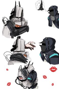 1boy 1girl arknights commentary_request doctor_(arknights) highres horns imagining kanuluillust lipstick_mark male_doctor_(arknights) mudrock_(arknights) multiple_views sketch white_background
