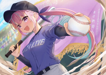 1girl absurdres aqua_hair ball baseball baseball_bat baseball_cap baseball_stadium belt black_belt black_hat black_shirt blue_sky blurry blurry_background blush braid breasts curly_hair day fingernails hair_ribbon hat highres holding holding_ball holding_baseball_bat hololive long_hair long_sleeves metal_baseball_bat minato_aqua mochiki_927 multicolored_hair open_mouth outdoors pants pink_eyes pink_hair purple_ribbon purple_shirt ribbon shirt sky smile streaked_hair twintails virtual_youtuber white_pants