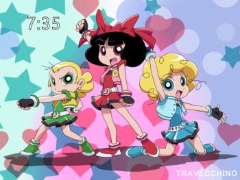 3girls akazutsumi_momoko akazutsumi_momoko_(cosplay) black_hair blonde_hair blue_eyes blue_skirt blush bow clenched_hands cosplay fake_screenshot fingerless_gloves gloves goutokuji_miyako goutokuji_miyako_(cosplay) green_eyes green_skirt heart highres hyper_blossom hyper_blossom_(cosplay) kneeling libertad_(mafalda) looking_at_viewer mafalda mafalda_(series) matsubara_kaoru matsubara_kaoru_(cosplay) medium_hair miniskirt multiple_girls open_mouth parody polka_dot polka_dot_background powered_buttercup powerpuff_girls_z red_bow red_eyes red_skirt rolling_bubbles rolling_bubbles_(cosplay) simple_background skirt star_(symbol) style_parody susanita_(mafalda) travecchino