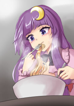 1girl black_bow bow breasts crescent crescent_hair_ornament crescent_hat_ornament dress food frilled_sleeves frills hair_bow hair_ornament hat hat_ornament highres long_hair namiki_(remiter00) noodles patchouli_knowledge purple_eyes purple_hair ramen red_bow solo spoon spork striped_clothes striped_dress touhou