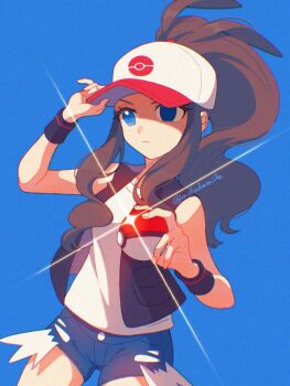 1girl baseball_cap black_vest blue_background blue_eyes breasts brown_hair closed_mouth cutoffs denim denim_shorts exposed_pocket hat high_ponytail highres hilda_(pokemon) holding holding_poke_ball long_hair looking_at_viewer mikakami1e nintendo open_clothes open_vest poke_ball poke_ball_(basic) poke_ball_print pokemon pokemon_black_and_white ponytail shirt short_shorts shorts sidelocks simple_background solo vest white_shirt wristband