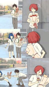 1boy 2girls against_wall black_eyes blue_hair bread breasts brown_hair closed_eyes crying drooling faceless faceless_female fighting flower food half-closed_eyes hand_on_own_chest hiding highres komari_chika large_breasts legs make_heroine_ga_oo_sugiru! medium_hair multiple_girls necktie nukumizu_kazuhiko open_mouth pants rose school_uniform short_hair skirt smile squatting thighs tongue walking yanami_anna yellow_eyes
