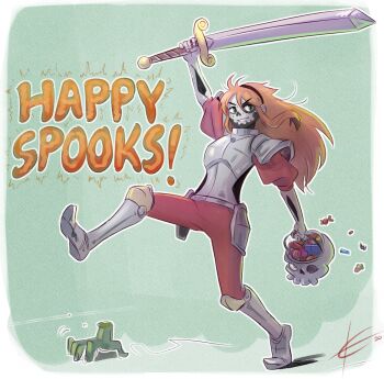 Rule 34 | 1girl, 4chan, arm up, armor, black hairband, border, breastplate, candy, candy wrapper, commentary, cosplay, eltonel, english commentary, facepaint, faulds, food, freckles, full body, green background, hairband, halloween, halloween bucket, happy halloween, highres, holding, holding sword, holding weapon, leg armor, long hair, makeup, medievil, orange hair, outline, pants, pauldrons, poleyn, puffy short sleeves, puffy sleeves, red pants, red shirt, severed hand, shirt, short sleeves, shoulder armor, signature, simple background, sir daniel fortesque, sir daniel fortesque (cosplay), solo, sword, vivian james, walking, weapon, white border, white outline