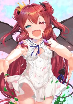 1girl ahoge bare_arms bare_shoulders blue_ribbon blush breasts commentary_request crown demon_girl demon_horns demon_tail demon_wings double_bun dress female_focus flower green_eyes groin hair_between_eyes hair_bobbles hair_bun hair_flower hair_ornament half-closed_eyes heterochromia horns long_hair mini_crown nijisanji p_answer pink_flower red_eyes red_hair ribbon see-through_silhouette sidelocks sleeveless sleeveless_dress small_breasts solo tail tail_ornament tail_ribbon tilted_headwear two_side_up very_long_hair virtual_youtuber white_dress wings yuzuki_roa