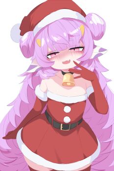 1girl animal_ears bell belt black_belt blush christmas collar collarbone cow_ears cow_girl cow_horns double_bun dress fang flat_chest fur-trimmed_dress fur-trimmed_gloves fur-trimmed_headwear fur_trim gloves hair_bun hand_to_own_mouth hat highres horns kukuchi581 loli long_hair looking_at_viewer mesugaki muu_muyu neck_bell open_mouth phase_connect pink_eyes pom_pom_(clothes) purple_hair red_dress red_gloves red_hat red_thighhighs santa_costume santa_dress santa_hat smile standing strapless strapless_dress thighhighs virtual_youtuber white_background