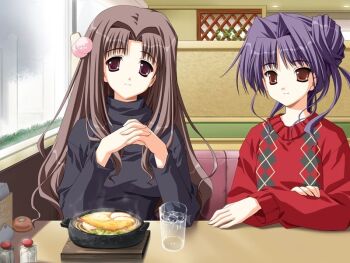 2girls asou_touri breasts brown_eyes brown_hair cafe doko_e_iku_no_ano_hi food game_cg hair_ornament kanno_touko large_breasts light_smile long_hair mogi_kazuha multiple_girls non-web_source purple_hair red_eyes red_sweater small_breasts sweater