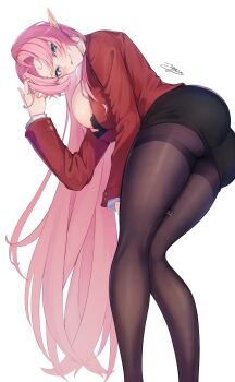 1girl ass azur_lane black_pantyhose black_skirt blue_eyes blush bra bra_peek breasts brown_bra duke_of_york_(azur_lane) duke_of_york_(the_chic_counselor)_(azur_lane) feet_out_of_frame from_below hand_in_own_hair highres impossible_clothes impossible_jacket jacket large_breasts long_hair long_sleeves looking_at_viewer office_lady official_alternate_costume pantyhose pink_hair pointy_ears red_jacket ropi_(yyuichi29) simple_background skirt smile solo tongue tongue_out underwear very_long_hair white_background