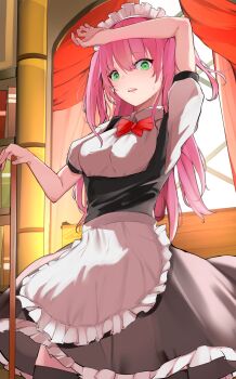 1girl aikawa_megumi apron arm_up black_skirt black_thighhighs blush bookshelf bow bowtie breasts broom collared_shirt cowboy_shot curtains dress frilled_apron frilled_dress frills green_eyes hair_between_eyes heaven_burns_red highres holding indoors long_hair looking_at_viewer maid maid_apron maid_headdress medium_breasts nail_polish open_mouth pink_hair puffy_short_sleeves puffy_sleeves red_bow red_bowtie shirt short_sleeves skirt solo standing sweat sweatdrop teeth thighhighs tsukune2398 two_side_up upper_teeth_only white_shirt window