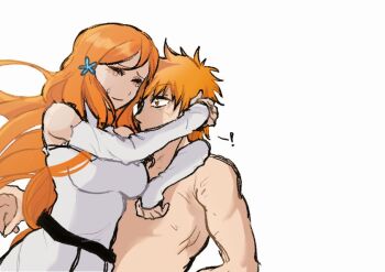 1boy 1ch16me 1girl 2025 bare_shoulders bleach breasts brown_eyes closed_mouth crying detached_sleeves hair_ornament hairclip head_hug inoue_orihime kurosaki_ichigo orange_hair short_hair simple_background snowflake_hair_ornament spiked_hair topless_male upper_body white_background