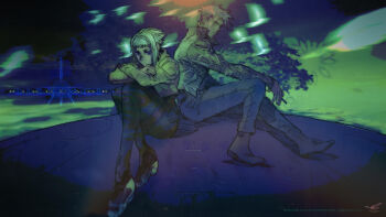 1boy 1girl birdcage_(game) blue_eyes boots character_request cigarette company_name copyright_name cropped_jacket crossed_arms crossed_legs english_text full_body giannis_milonogiannis glitch hatching_(texture) highres holding holding_cigarette jacket knees_up limited_palette linear_hatching logo mechanical_legs official_art official_wallpaper open_clothes open_jacket popped_collar scar scar_across_eye scar_on_face short_hair sidelocks sitting