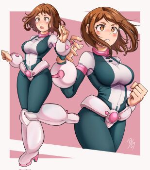 1girl blush_stickers bodysuit boku_no_hero_academia boots breasts bright_pupils brown_eyes brown_hair commentary dilan_griz english_commentary full_body grey_bodysuit hand_up high_heel_boots high_heels highres large_breasts long_sleeves multicolored_bodysuit multiple_views open_mouth parted_bangs parted_lips pink_background pink_bodysuit pink_boots short_hair standing standing_on_one_leg superhero_costume two-tone_bodysuit uraraka_ochako white_pupils